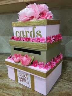 three tiered card box decorated with pink flowers