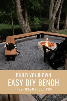 an outdoor fire pit with two chairs around it and the words build your own easy diy bench