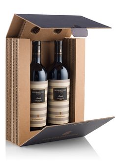 two bottles of wine in a cardboard box