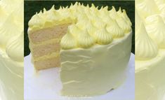 a white cake with yellow frosting on top