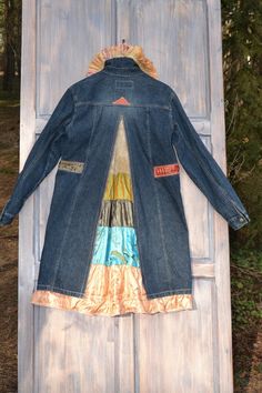 Denim jacket with a denim coat | Etsy Bohemian Medium Wash Outerwear For Winter, Bohemian Outerwear In Medium Wash For Winter, Winter Festival Denim Jacket, Fitted Bohemian Outerwear In Medium Wash, Winter Festival Medium Wash Denim Jacket, Bohemian Blue Denim Jacket For Winter, Bohemian Fall Outerwear With Patches, Bohemian Denim Outerwear In Medium Wash, Bohemian Denim Blue Outerwear With Pockets