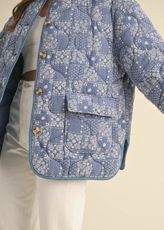 Long sleeve paisley bandana print with denim chambray lining quilted button down jacket with front pocket details. 100% Rayon. Model is wearing a size S. Bandana Quilt, Blue Quilted Jacket, Paisley Bandana, Button Down Jacket, Quilt Jacket, Knit Bottom, Football Tees, Girl Fits, Bandana Print