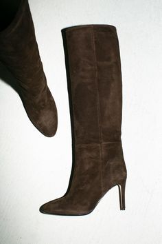 Almond toe, tall shaft boot with seamed details and a 3.5" leather wrapped stiletto heel. 100% leather upper. Made in Italy. Brown Leather Boots Tall, Brown Suede Shoes, Brown Boots Suede, Brown Tall Boots, Boots Brown, Brown Suede Boots Outfit, Fall Boots Tall, Brown Knee High Boots Outfit, Vagabond Boots