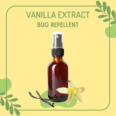 a bottle of vanilla extract bug repellent on a yellow background with an orchid