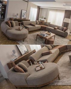 two pictures of a living room with couches and coffee table in the middle, one is