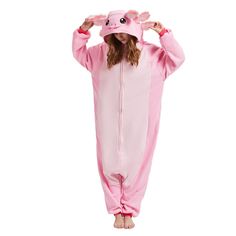 PRICES MAY VARY. 【Cool Design】The cute and eye-catching axolotl onesie features a hood with an adorable mouth and eyes, horns, and plush tail for full effect.axolotl onesie is perfect for the ultimate cosplay and you're sure to stand out at your party. 【Soft Fabric】 The polar fleece axolotl onesie pajamas are crafted of ultra-soft 100% polyester microfleece for the perfect amount of Comfort. keeping you warm in the cold winter. There are two handy pockets on the side to store your phone or keys. Pink Winter Onesie For Sleepover, Axolotl Outfit, Axolotl Onesie, Christmas Onesies, Axolotl Stuff, Adult Onesies, Mouth And Eyes, Unicorn Onesie Pajamas, Cosplay For Women