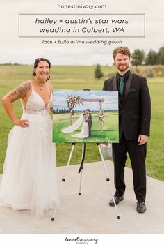 a man and woman standing next to each other in front of a wedding photo on a easel