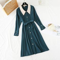 Style: commuting Size: s, m, l, XL Color: black, dark green, coffee Neck Wrinkles, Suspender Skirt, Wool Skirts, Slim Waist, Waist Length, Long Skirt, Dark Green, Casual Dress, Shirt Dress