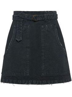 charcoal grey cotton denim seam detailing enamel triangle logo high-waisted belt loops belted waist two side inset pockets A-line raw-cut hem above-knee length Denim Miniskirt, Versace Outfit, Wardrobe Edit, Yoko London, City Dress, Iconic Bags, Triangle Logo, Summer Beach Wear, Exclusive Fashion