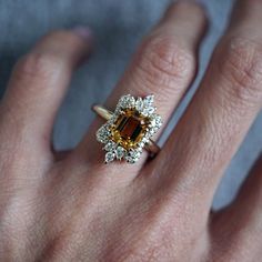 Eleanor Citrine Diamond Ring | Tippy Taste Jewelry Vintage Topaz Engagement Rings, Citrine And Diamond Ring, Large Circle Engagement Ring, Citrine Engagement Ring Gold, Citrine Engagement Ring Vintage, Citrine Engagement Rings, Vintage Gemstone Engagement Rings, Extravagant Engagement Rings, Fairytale Engagement Ring