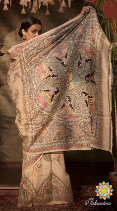 Madhubani hand painted Pure Tussar Silk Sari with blouse piece. Madhubani Painting Saree, Madhubani Saree, Tussar Saree, Saree Painting, Hand Painted Sarees, Madhubani Art, Madhubani Painting, Beautiful Dress Designs, Lakme Fashion Week