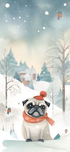 Aesthetic wallpaper of a restful pug contentedly sitting in the snow, ideal for iPhone & Android. Pug Wallpaper Iphone, Cute Pugs Wallpapers, Pug Wallpaper, Christmas Pug, Pug Christmas, Pug Art