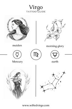 the zodiac signs and their meaningss are shown in black and white, as well as an