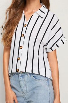 Short Sleeve Shirt Women, Button Front Top, Stylish Work Outfits, Roll Up Sleeves, Women Blouses, Sleeves (women), Batwing Sleeve, Striped Shorts, Summer Top