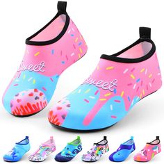 children's water shoes with colorful sprinkles and donuts on them