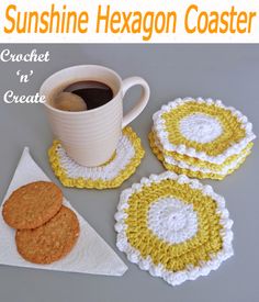 crochet coasters with coffee cup and cookie on them for the sun shine hexagon coaster