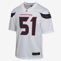 Rep one of your team's top stars with this Houston Texans Jersey. Proper ventilation and a loose fit help provide a dry, comfortable wear with the authentic look of the on-field uniform. White Sportswear Jersey, White Breathable Jersey For Team Spirit, Breathable White Jersey For Team Spirit, White Team Spirit Jersey With Moisture-wicking, White Moisture-wicking Jersey With Team Spirit Style, White Moisture-wicking Jersey Team Spirit, White Moisture-wicking Jersey For Team Spirit, White Short Sleeve Sports Jersey, White Short Sleeve Jersey Sportswear