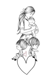 a mother holding her two children in front of a heart with the word love written on it