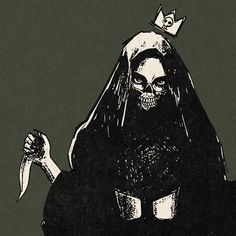 a black and white drawing of a woman with a crown on her head holding a knife