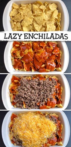 four different types of lasagna casserole in white dishes with the words lazy enchiladas above them