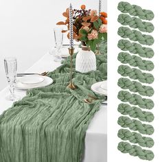 the table is set with green napkins and place settings