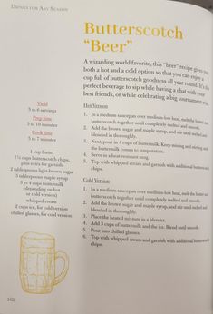 an open book with instructions on how to make butterscotch beer in english and spanish