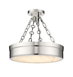 a light fixture with chain links hanging from it's center and two lights on each side