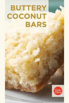 two pieces of buttery coconut bars on a white plate with text overlay that reads, buttery coconut bar