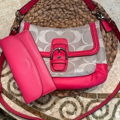 Vintage Coach In Mint Condition. Hobo & Wallet Are Offered As A Set. Beautiful Coach Signature Jacquard Fabric With Shocking Hot Pink Leather Trim. Bright Silver Hardware. It’s Like New. You Won’t Find One In This Condition! Coach Model Number Is F28902. Coach Wallet In The Same Hot Pink Color Is Brand New As Well. Dust Bag Is Included. Please Don’t Make Offers On This. This Bag Is A Very Rare Vintage In Mint Condition. Please Check Out My Closet For More Coach/Kate Spade/Pandora Items. Coach Pink Shoulder Bag For Everyday Use, Coach Pink Pouch Shoulder Bag, Pink Coach Bags With Leather Handles, Hobo Wallet, Pink Coach Shoulder Bag With Gold-tone Hardware, Pink Coach Bag With Gold-tone Hardware, Hot Pink Color, Hobo Shoulder Bag, Coach Wallet