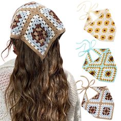 a woman with long brown hair wearing a crochet hat and several other items