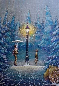 two people are standing under an umbrella in the snow near a lamp post and pine trees