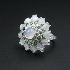 French 18K White Gold Lalique Lily of the Valley Moonstone Ring 5.75 RG3305 Lalique Jewelry, Antique Jewelry Rings, Large Ring, White Gold Band, Moonstone Ring, Green Tourmaline, Lily Of The Valley, Gold Band, Designer Jewelry