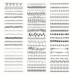 a large set of hand drawn doodles and lines on white paper, each with different shapes