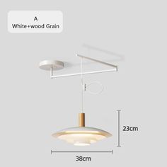 a white and wood grain light fixture with measurements for the width, height and length