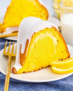 a slice of lemon bundt cake on a plate