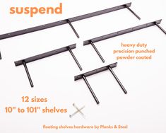 four different sizes of metal brackets on a white background with the words, supend