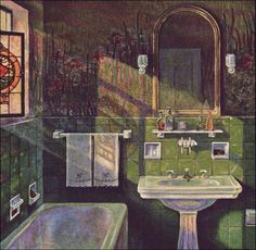 a drawing of a bathroom with green tile and white sink, tub and window in the background