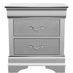 a white nightstand with two drawers and silver hardware on it's sides, against a white background