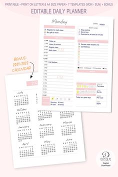 the editable daily planner printable is shown in two different colors and features an image of