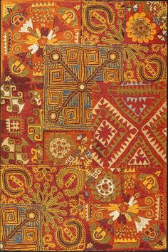 an orange and yellow rug with many different designs