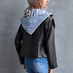 Hooded Biker Faux Leather Coat - Black,M Grey Denim Jacket, Pu Jacket, Leather Jacket With Hood, Faux Leather Coat, Patchwork Top, Faux Leather Biker Jacket, Leather Jacket Style, Pu Leather Jacket, Color Block Jacket