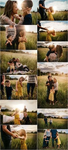 a collage of photos with people in the grass and one woman holding her child