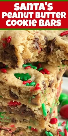 santa's peanut butter cookie bars stacked on top of each other