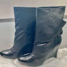 Rare Mea Shadow Women's Demetra Boots. Black Leather Mid Calf Wrap, Wrap Ankle Adjustable Buckle. Wedge Heel 3.5" Size : 9.5 M Us New With Box( Light Wear To The Box And Boots Due To Storage) Dust Bag Included Grey Leather Boots, Box Light, Harness Boots, Stiletto Boots, Slouched Boots, Leather Harness, Black Wedges, Peep Toe Heels, Black Leather Boots