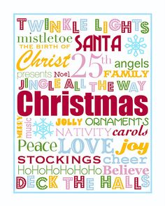 a christmas card with words written in different colors and font, including the number 25