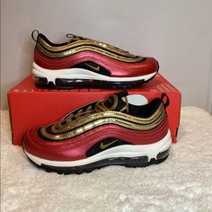 New Nike Sequin Air Max 97 Size Womens 6.5 Color University Red, Metallic Gold Leather And Mesh Upper, Rubber Outsole Brand New, Never Worn, With Box No Lid 100% Authentic Nike Air Max Red Round Toe, Red Nike Air Max With Round Toe, Red Nike Air Max With Round Toe Cushioning, Nike 97s, Nike Air Max Dia, Air Jordans Women, New Nike Air Force, Nike Internationalist, Nike Air Vapormax Flyknit