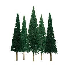 three trees are shown in the shape of small pine trees, one is green and the other has brown trunks