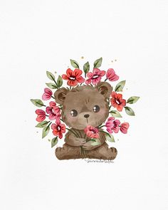 a watercolor painting of a teddy bear holding flowers