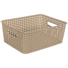 a beige basket with holes on the bottom and sides, sitting in front of a white background