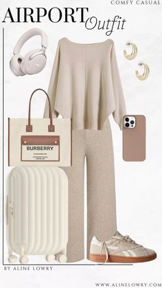 Airport Outfit Idea: neutral comfortable and beautiful outfit for traveling and lounging. Casual Airport Outfit, Outfit For Travel, Comfy Casual, Beautiful Outfits, What To Wear